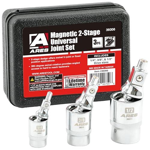 Image of ARES 36006-3-Piece Magnetic 2-Stage Universal Joint Set - 2-Stage Design Changes Socket from Swivel to Fixed Position - 1 /4-Inch, 3 /8-Inch, and 1 /2-Inch Drive - Magnet Tips for Use with Bolts