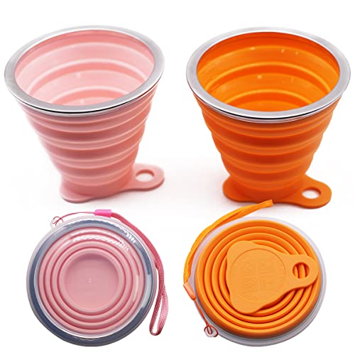 TENGYIF 2 Gobelets Pliables en Silicone, 270ml, Gobelets de Voyage Pliables en Silicone Avec Couvercle en Plastique le Voyage, la Randonnée, le Camping et le Pique-nique (Orange et Rose) Cover