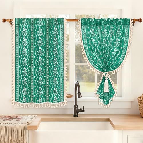 Image of Yinhua Boho Kitchen Curtains 36 Inch Length Vintage Linen Cafe Curtains Light Filtering Bohemian Floral Tier Rod Pocket Farmhouse Rustic Tassel Small Drapes with Tiebacks, 2 Panels, Teal
