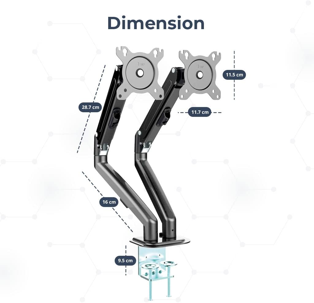 MotionGrey - Gas Spring Dual Monitor Stand , Height Adjustable Black Dual Monitor Mount , VESA Compatible Computer Monitor Arm - Holds Up to 17.6lbs and Supports Monitor’s up to 28Inch (Black)