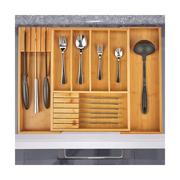 Relaxdays Besteckkasten Bambus, ausziehbar, 2 Messerblöcke, Schubladeneinsatz mit 5-7 Fächern, HBT 5 x 56 x 43 cm, natur, Hellbraun – Bild 3