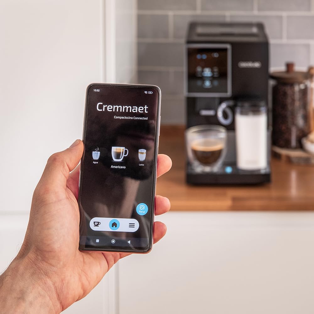 Cecotec Kompaktowy superautomatyczny ekspres do kawy z Cremmaet Compactccino Connected Black Silver. 1350W, 19 barów, wyświetlacz TFT i aplikacja, młynek, zbiornik na mleko 400 ml i 1 l wody
