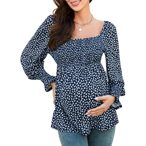 Coolmee Women's Maternity Tops Square Neck Lantern Sleeve Smocked Babydoll Blouses NavyFloral L Cover