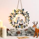 Suncalla Holy Family Christmas Wreath with Light LED Wooden Holy Family Nativity Scene Hanging Decoration for Christmas Tree Ornaments Xmas Indoor Outdoor Wall Decoration Hanging Sign for Front Door