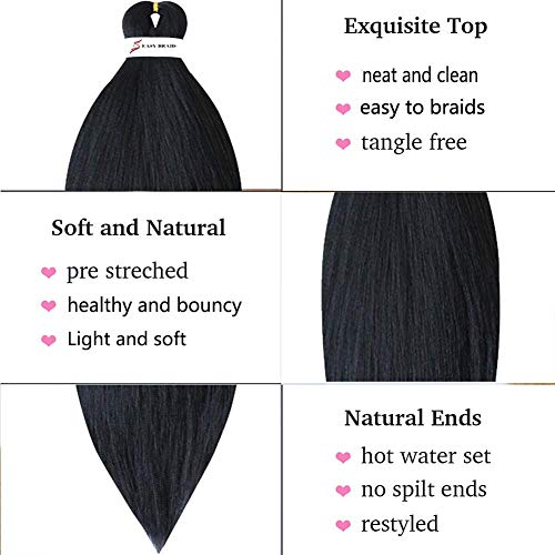 Msbelle 6 Packs/Lot Pre Stretched Braiding Hair 26 Inch Ombre Braiding Hair Extensions Hot Water Setting Crochet Synthetic Braids Hair Black(1#) #TOP3