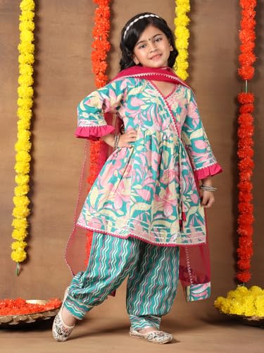Image of superminis Girls Cotton Floral Printed Kurti Palazzo Style Salwar Set With Net Dupatta Kids Ethnic Wear Set