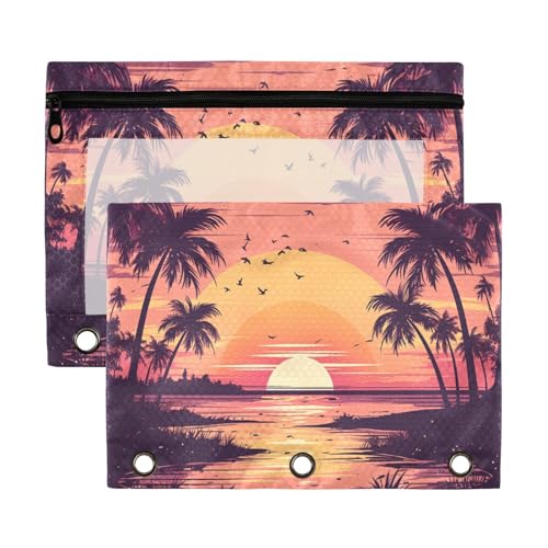 Blueangle Bolsa para lápis de palmeiras pôr do sol para fichário com 3 anéis, 2 pacotes com bolsa de lápis transparente para janela com zíper para escritório (109)