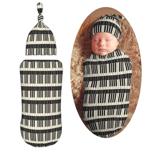 Image of Piano Keyboards with Black Background Newborn Swaddle Blankets Hat Sets Soft Baby Receiving Blanket Swaddle Sack for Baby Shower Infant Boy Girl Gift