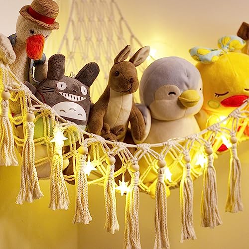Image of Stuffed Animal Toy Storage Hammock with LED Light - Macrame Jumbo Doll Corner Stuff Animals Organizer Decorations - Cute Hanging Plushie Net Kids Baby Nursery Bedroom Room Decor (Pack of 2)