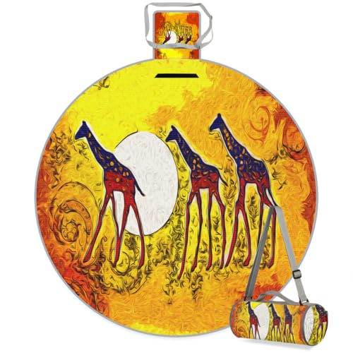 Shimoshe Abstract African Giraffe Picnic Outdoor Blanket Foldable Waterproof Sandproof Beach Blanket Portable Water-Resistant Round Picnic Mat for Travel Camping Park Lawn