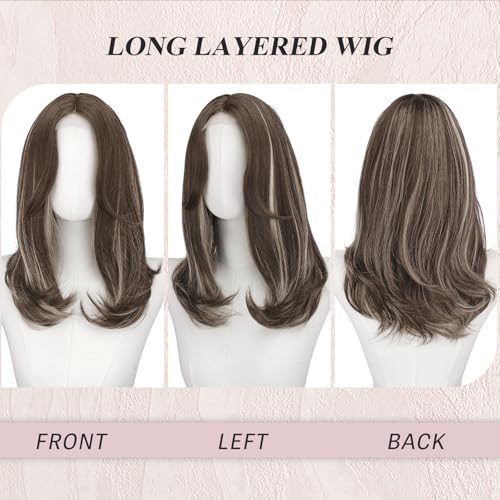 Image of FESHFEN Lace Front Hairline Wigs with Bangs, Synthetic Natural Looking Long Layered Straight Hair Wig for Women Daily Party Costume, 18 inch Brown Mixed Grey Highlight