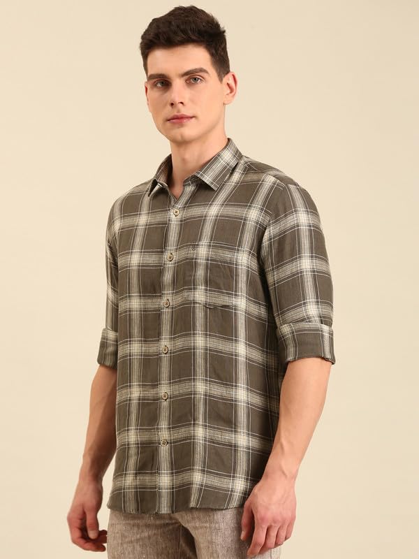 Image of Linen Club Men's Pure Linen Checked Contemporary Fit Full Sleeve Casual Shirt