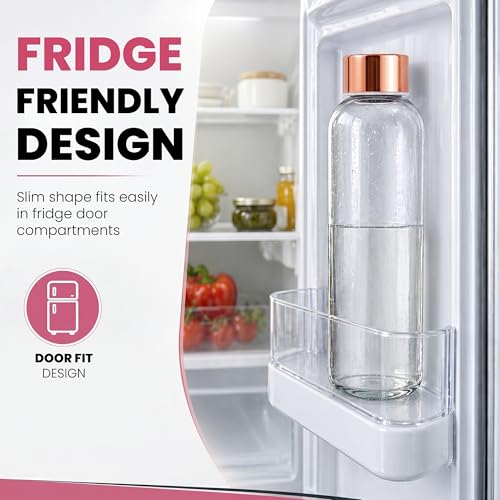 Image of Rioware Glass Water Bottle 1 Litre | Airtight lid | Leak Proof | Silicon Cap | Fridge Water Bottles for Home, Office & Gym (1 Ltr- Pack Of 2, Gold)