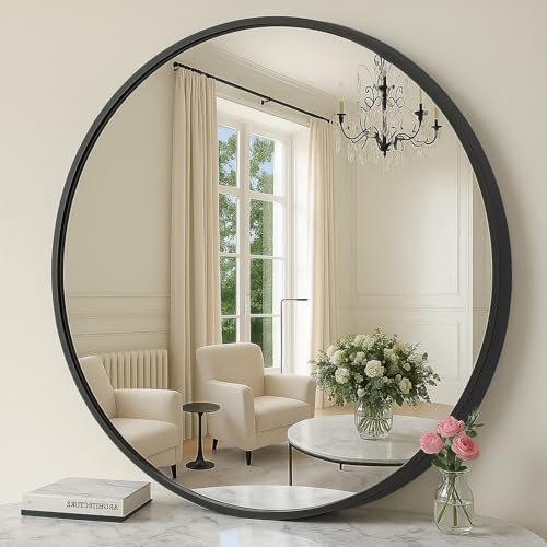 SONGMICS Bathroom Round Mirror for Wall, 30 Inches Black Circle Mirror，Metal Frame,for Bathroom Over Sink, Living Room, Bedroom, Entryway, Hallway, Ink Black ULWM103B01