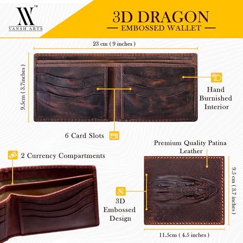 Vintage Leather Wallet For Men- 3D Embossed Dragon Pattern Design Bifold Distressed Leather Wallet With Two Cash Pockets And Six Card Slots (Brown)2