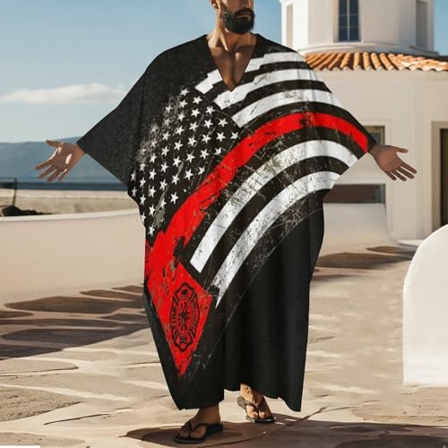 USA Thin Red Line Firefighter Axe Pattern Men's V-neck Robe Middle East Arabian Robe Butterfly Sleeves Kaftan2