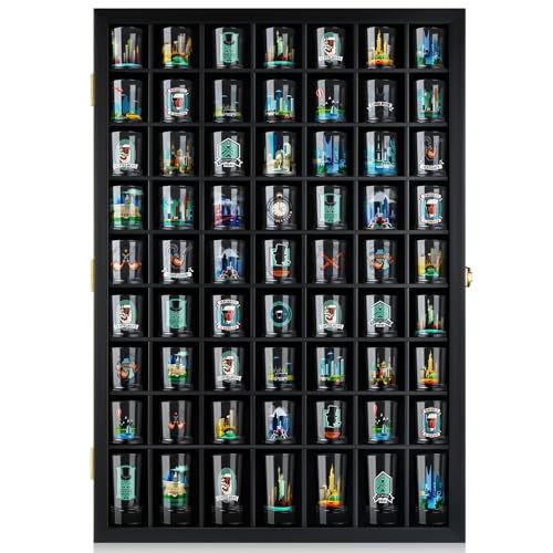 Image of TJ.MOREE Shot Glass Display Case 63 Slots Glass Display Holder Wall Mounted | Fits Standard Size Shot Glasses and Goblet Shot Cups