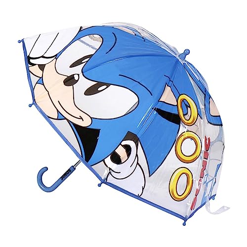 Parapluie Cloche Sonic - Imprimé Sonic et Anneaux - Coloris Bleu - Ouverture Manuelle - Fabriqué en 100% POE avec Structure en Fibre de Verre - Produit Original Conçu en Espagne