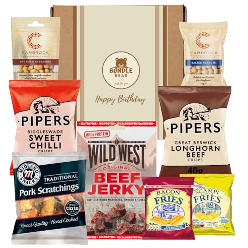 Pub Snacks Hamper for Men - Savoury Snack Gift Box with Beef Jerky, Pork Scratchings, Pipers Crisps, Cambrook Nuts, and More | Gift Box for Men & Happy Birthday Gift (Happy Birthday)