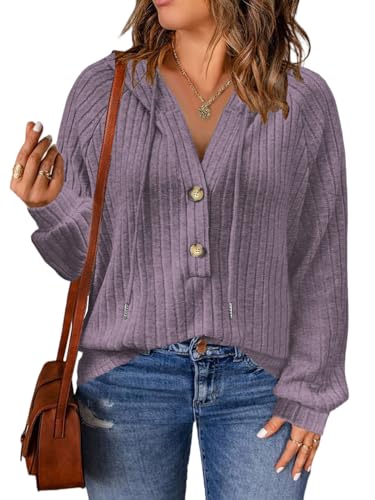 VISLILY Womens-Plus-Size-Hoodies Button V Neck Lightweight Knit Sweaters Casual Long Sleeve Tops Drawstring Hooded Sweatshirt2