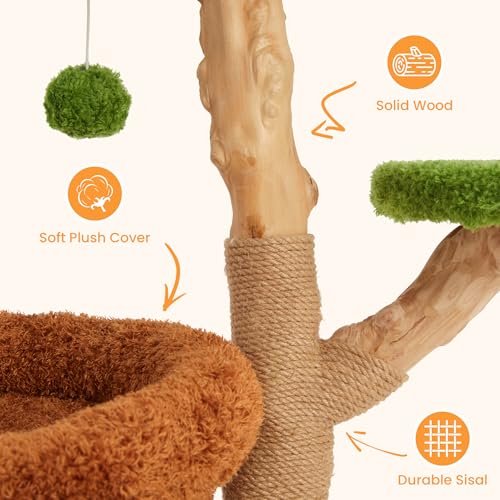 Fansafurn Cute Cat Tree with Scratching Posts, Bed & Condo, Multi-Level Cat Tower for Playful Cats and Multiple Cats, 32" Wooden Climbing Tower with Natural Wood & Soft Plush by FansaFurn - Image 3