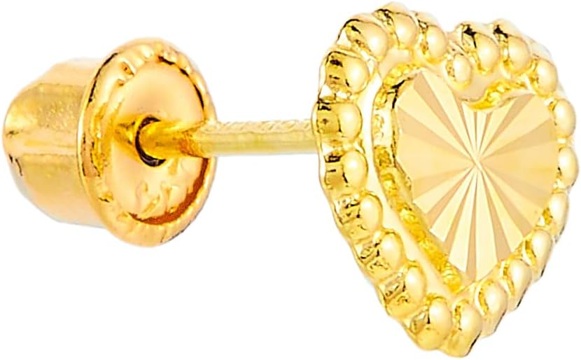 14k REAL Yellow Gold Heart Stud Earrings with Screw Back - Image 2