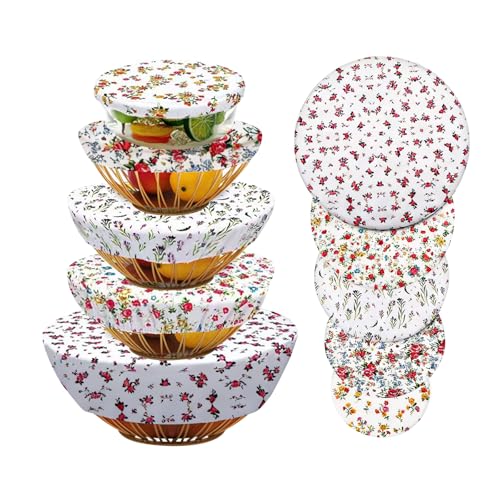 POPAPIE Lot de 5 Couvercles de Bol Réutilisables,Couvre Bols en Tissu Élastique,Couvercle en Tissu Alimentaire pour Fruits Restes Levée de Pâte Pique-Niques,la Bordure Élastique