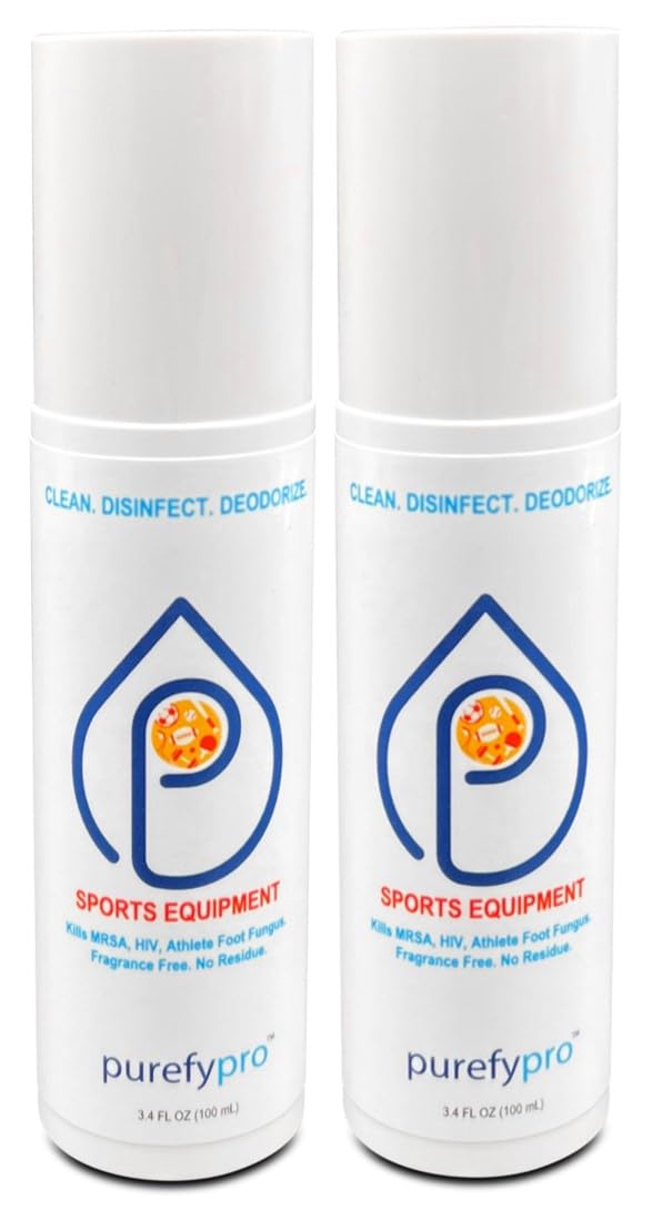 Purefypro Sports Equipment Disinfectant Spray - (3.4oz, 2pk) TSA Travel Size. Kills 99.9999% MRSA, HIV, Athlete Foot Fungus, Virus and Fungi. No Rinse, No Residue. Great For Sports Pads, Yoga Mats,
