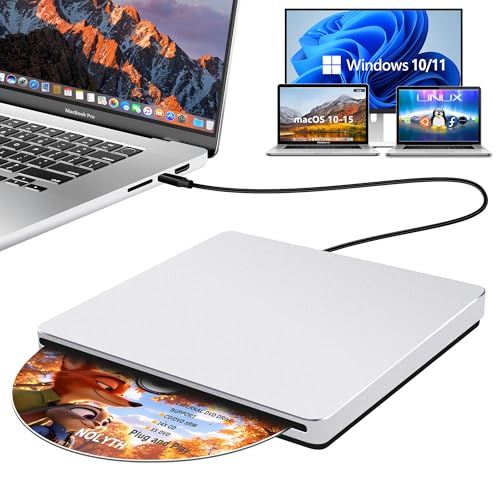 NOLYTH Lecteur CD DVD externe pour ordinateur portable : lecteur CD/DVD portable USB C pour Mac PC Windows 11 avec adaptateur USB 3.0 en alliage d'aluminium...