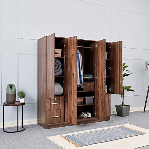 Image of Wakefit Wardrobe | 1 Year Warranty | Engineered Wood Almirah, Cupboard for Clothes Storage | 4 Door, 1 Drawer | Plaid - Columbian Walnut
