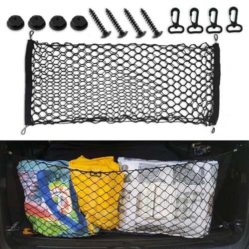 HABNVUON Car Rear Cargo Net, Car Trunk Net, Cargo Storage Elastic Mesh Nets Organizer with Hooks, Adjustable Elastic Automotive Trunk Organizer Mesh Pouch Bag Fit for Most Vehicles (35.43\"x15.37\")