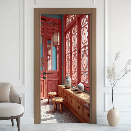 Fenêtre Classique Sticker Mural, Porcelaine Orientale Autocollants De Porte Muraux Décoration Poster Murale, Chinois Ancien Stickers de Porte Imperméable...