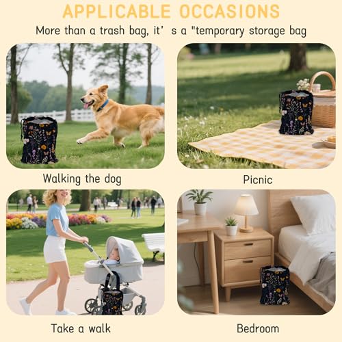 Image of Colorful Meadow Herbs Car Garbage Bag,Flying Butterfly Small Car Trash Bag Hanging,Drawstring Car Garbage Bag with Adjustable Buckle for Car Back Seat,SUVs,Camping,Road Trips