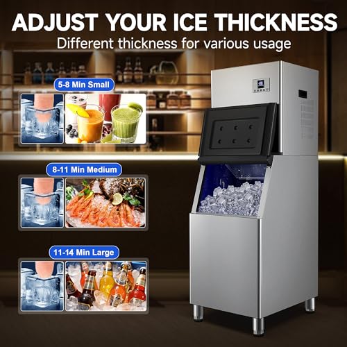 Image of Commercial Ice Maker,Ice Machine 500LBS /24H with 300LBS Storage Bin,Ice Ready in 5-14 min,Self-Cleaning,Stainless Steel Industrial Ice Maker for Restaurant Business Bar,Thicknesses Adjustable