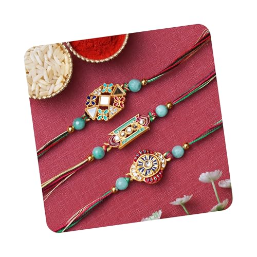 Image of eCraftIndia Set of 3 Rakhi Combo Hamper | Om Krishna Peacock Feather Lord Ganesha Silver Religious Designer Rakhis | Roli Chawal Pack