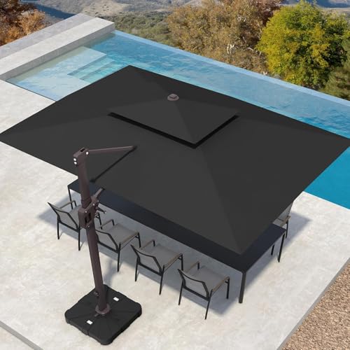 Image of 10' X 13' Patio Umbrella with Weighted Base and LED Lights Outdoor Cantilever Large Rectangle Offset Umbrellas Heavy Duty Aluminum Double Top with 360-degree Rotation for Pool Garden Deck, Black