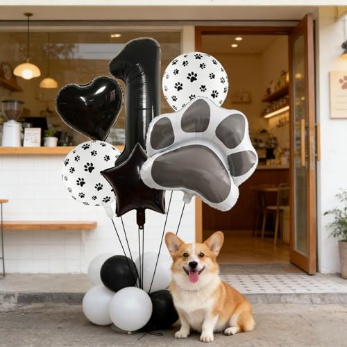 Image of 1st Birthday Dog Paw Balloons Set,18'' Paw Prints, Heart,Star,Paw Shaped Foil Balloon 40 Inch Black Number 1 Helium balloons for Puppy Themed Third Anniversary Birthday Party Decorations Supplies 6PCS