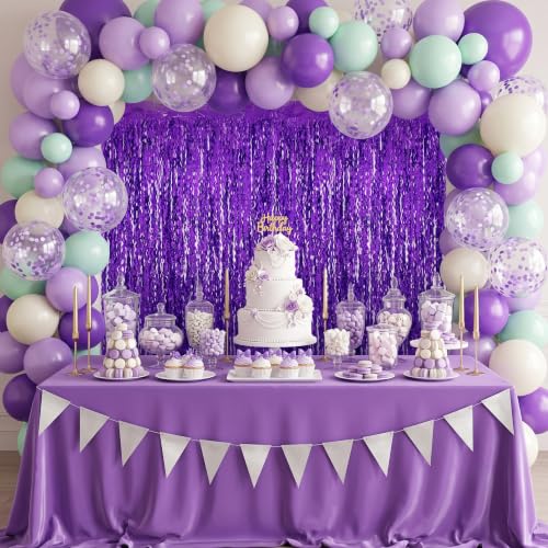 Image of TONIFUL 2Pcs Laser Wavy Purple Metallic Tinsel Foil Fringe Curtain Streamer | 3.3ftx6.6ft Photo Booth Backdrop Door Streamer Curtain, Props for Bachelorette Mermaid-Themed Birthday Graduation Decoration