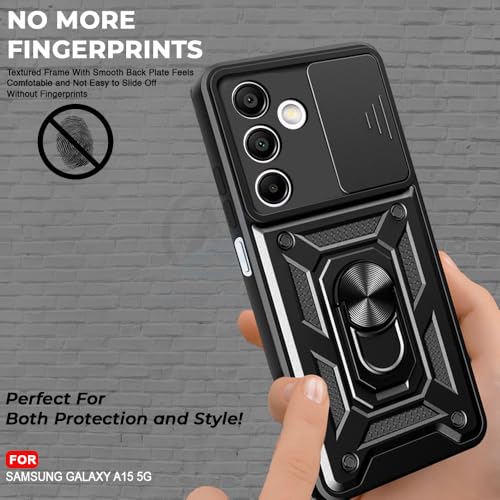 Image of AESTMO Tough Armor Samsung Galaxy A15 5G Bumper Back Case Cover | Ring Holder & Sliding Camera Shield Cover | 360 Degree Protection Back Case Cover for Samsung Galaxy A15 5G (Black)