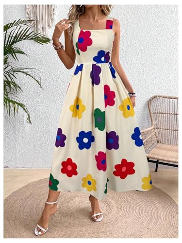 Image of Floerns Women's Flower Print Sleeveless Sundress Square Neck Vacation Long Dress