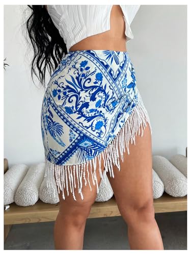 MakeMeChic Women's Floral Skirt Asymmetrical Wrap Fringe Bodycon Summer Mini Skirts2