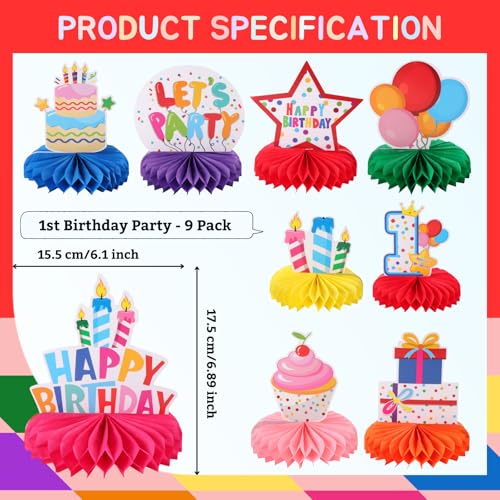 Image of 9pcs Colorful Happy 1st Birthday Honeycomb Centerpieces Colorful First Birthday Party Decorations Let's Party Tabletop Centerpieces Baby Shower One Year Celebration Table Topper Sign Decors