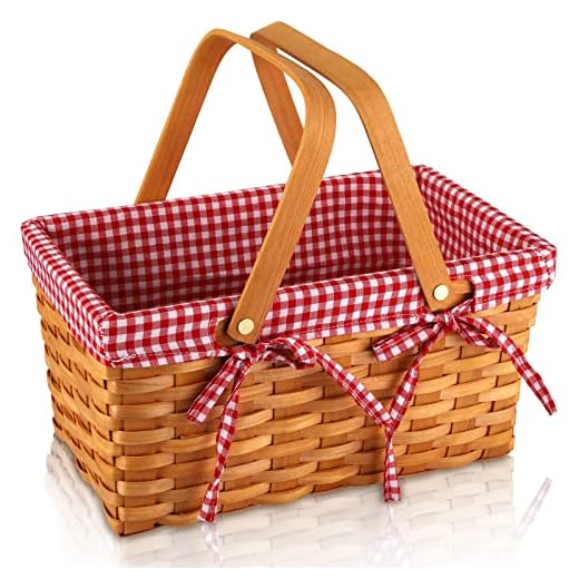 Yesland Picnic Basket, Natural Woven Basket with Double Folding Handles, Woodchip Basket & Organizer Blanket Storage for Egg Gathering, Wedding, Candy Gift & Toy (13 x 8 x 6-1/4 Inches)