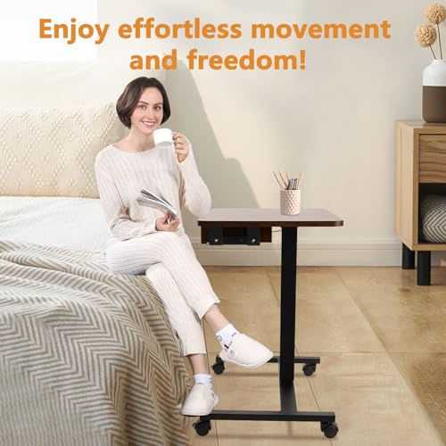 Image of CLATINA Mobile Laptop Standing Desk Adjustable Height, Computer Desk Teacher Podium with Lockable Wheels, Work Table with Drawer, Portable Rolling Side Table Bed Desks for Home Office Classroom, White