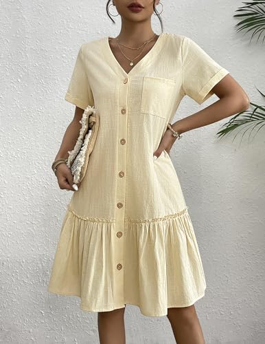 Image of HOTOUCH Women Button Down Dress Loose Summer Cotton Linen Dress Ruffle Hem Casual Dress Short Sleeve Tunic Dress