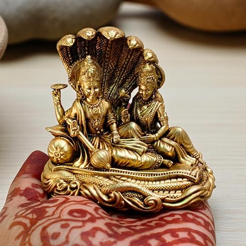 Estatua Vishnu Lakshmi en Sheshnag Acabado Latón 2 in miniatura 5