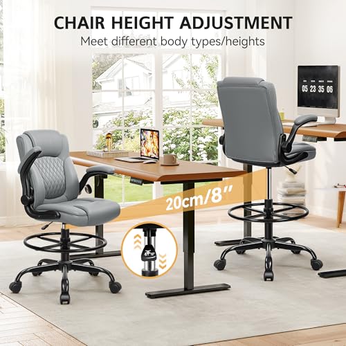 Image of Drafting Chair, Tall Office Chair for Standing Desk, High Executive Leather Ergonomic Computer Chair with Adjustable Height and Flip-Up Armrest for Counter Height Desk, Grey, Pack of 1