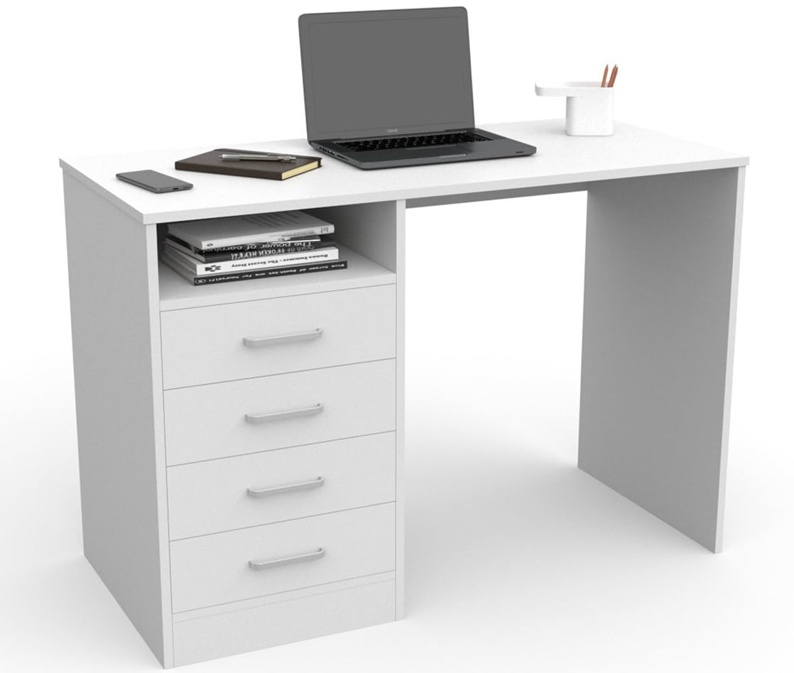 DORMIDAN- Escritorio 4 Cajones, Mesa de Oficina, Despacho Ordenador, (Blanco)