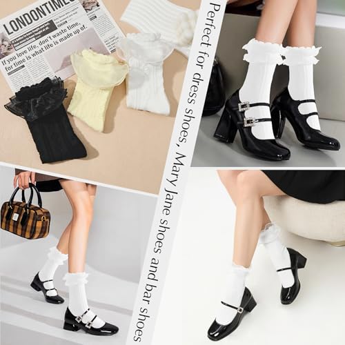 Image of Zando Women's Ruffle Socks Lace Frilly Ankle Socks - Soft Stretchy Cute for Dress Shoes, Sneakers, and Casual Outfits