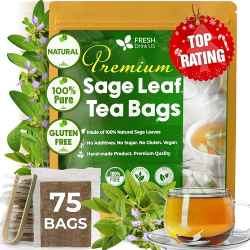 FreshDrinkUS, 75 Sage Leaf Tea Bags, 100% Natural &amp; Pure from Sage Leaves. Loose Leaf Sage Herbal Tea. Sage Leaf Tea. Made with Natural Material Tea Bags. No Sugar, No Caffeine, No Gluten, Vegan.